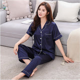 Couples Pajamas, Short Sleeve with Long Pants, Woman, Lifestyle, Navy Blue