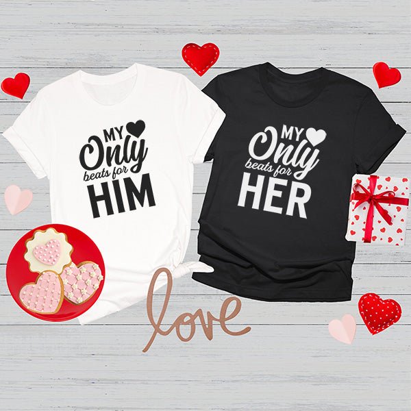 Made to order couples matching shirts with My Heart Only Beats for print. Personalized with who your hearts beats for using standard or glitter htv print. all SKUs