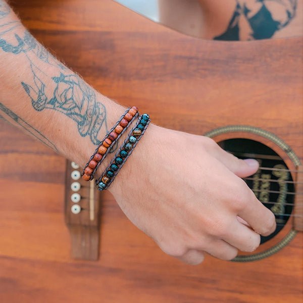 Mens Handmade Natural Stones Bracelet with Adjustable Cord - Mens Bracelet from Lotus and Luna - Dawn Patrol on Model - all SKUs