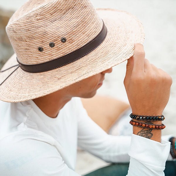 Mens Handmade Natural Stones Bracelet with Adjustable Cord - Mens Bracelet from Lotus and Luna - Dawn Patrol on Model - all SKUs