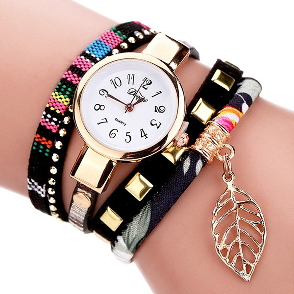 Duoya Teen Girls Casual Fabric Bracelet Watch with Leaf Charm black hand
