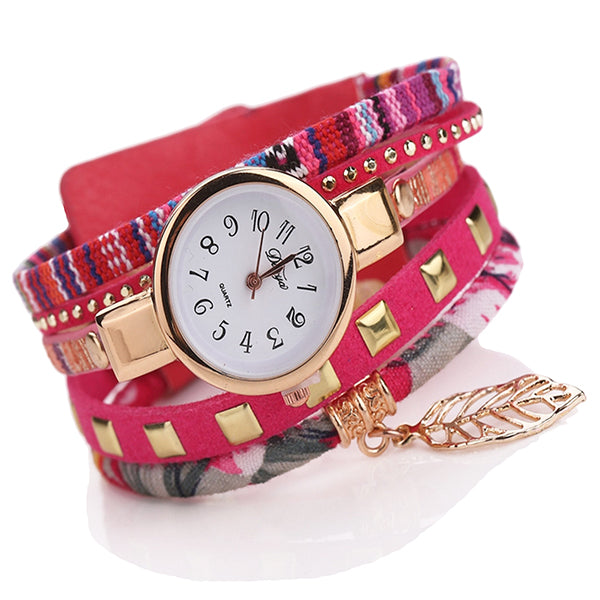Duoya Teen Girls Casual Fabric Bracelet Watch with Leaf Charm rose main