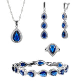 Womens 4 Pc Water Drop Jewelry Set, 925 Sterling Silver Set, Blue and White CZ