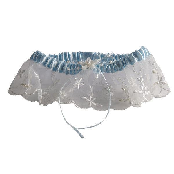 Embroidered Wedding Garters with Pearl Accents, Ivory and Blue - Gifts Are Blue
