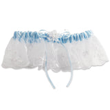 Embroidered Wedding Garters with Pearl Accents, White and Blue