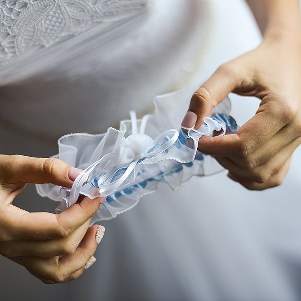 Fancy White and Blue Bride Wedding Garter with Rose and Bow - Gifts Are Blue