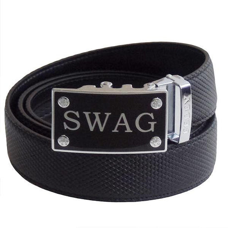 FEDEY Mens Ratchet Belt with SWAG Automatic Buckle, Classic, Leather, Main, SWAG, Black/Silver