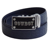 FEDEY Mens Signature Ratchet Leather Belt, COWBOY Buckle, Statement Belt, Main, Blue/Silver