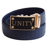 FEDEY Mens Ratchet Belt, Signature Series, Genuine Leather, Unity Buckle, Main, Blue/Gold