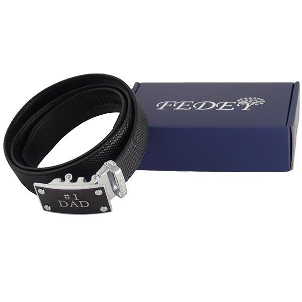 FEDEY Mens Ratchet Belt, Leather, Classic, No1 DAD Statement Buckle, Packaging, all SKUs