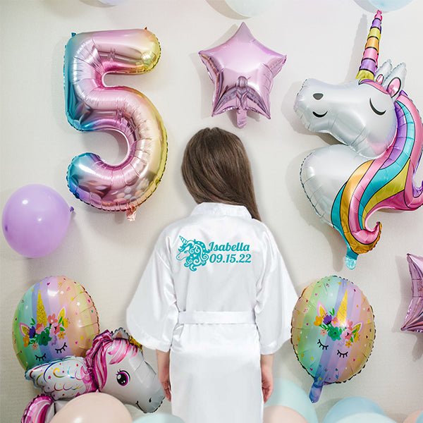 Unicorn Birthday Robes, Personalized Kids Robes with Unicorn Design, Birthday Party Robes, Sleepover Robes, Kids Bathrobes - Gifts Are Blue
