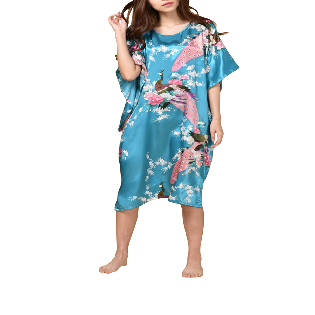 Floral Kimono Nightgown, Kaftan Style, Front, Ocean Blue