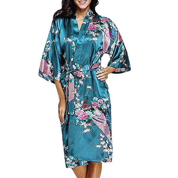 Floral Satin Robes, Blue-White, 2T-38 Womens Plus, Satin, MidLength - Gifts Are Blue