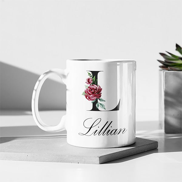 Custom mugs that can be personalized with name and flower initials. all SKUs