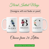 The floral initial mugs with name features such a pretty design on on letter.  You can choose from all 26 letters.  The designs will not fade or peel and are dishwasher and microwave safe.  all SKUs