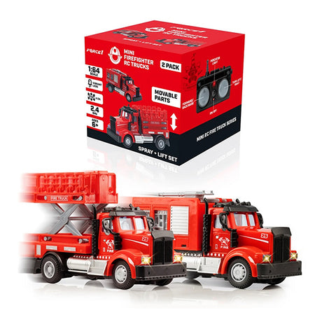 Force1 Mini FireFighter Remote Control Trucks - 2 Pack Set - Packaging - Spray w Lift Trucks
