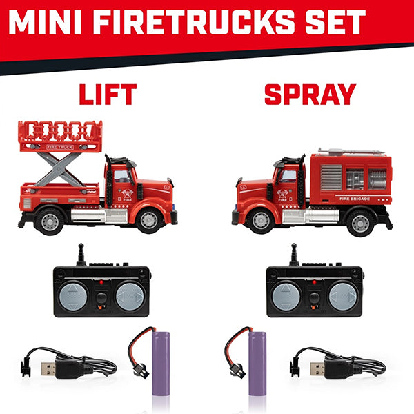 Force1 Mini FireFighter Remote Control Trucks - 2 Pack Set - Contents - Spray w Lift Trucks
