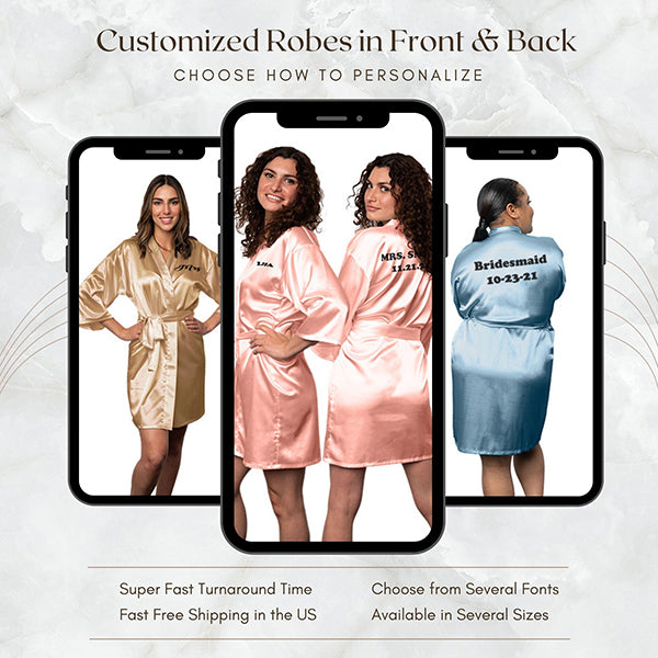 Bridesmaid Robe Set of 3 - Personalized Robes Solid Satin - IPhone Camera View of Champagne Gold, Rose Gold & Dusty Blue - New Colors