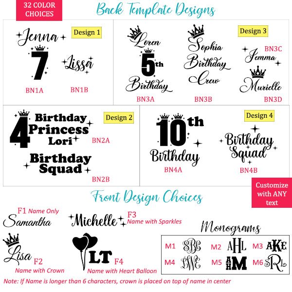 Birthday girl robes design choices. Choose from 4 designs for birthday girl and birthday squad or birthday crew. Designs with crowns and sparkles for cute look.