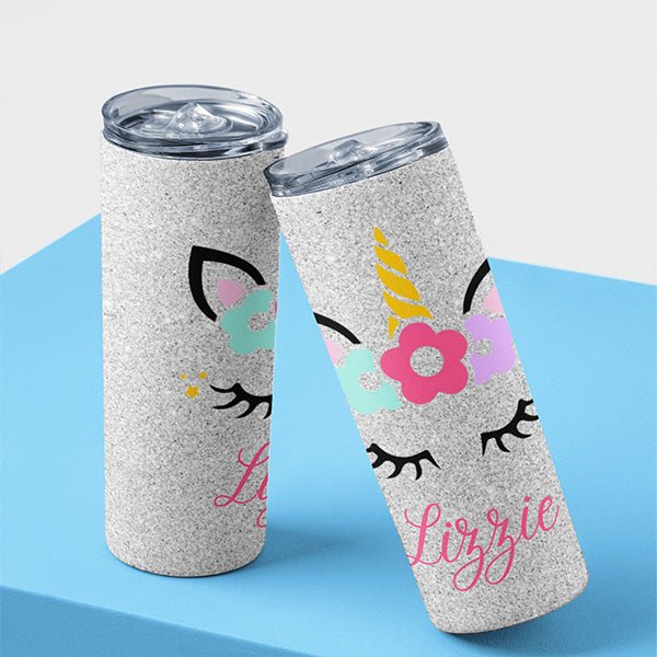 Personalized Unicorn Tumbler with Name and Silver Ombre Background for Girls and Birthday Squad - Gifts Are Blue