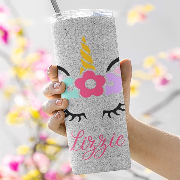 Personalized Unicorn Tumbler with Name and Silver Ombre Background for Girls and Birthday Squad - Gifts Are Blue