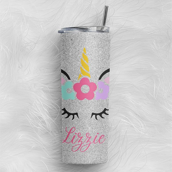 Personalized Unicorn Tumbler with Name and Silver Ombre Background for Girls and Birthday Squad - Gifts Are Blue