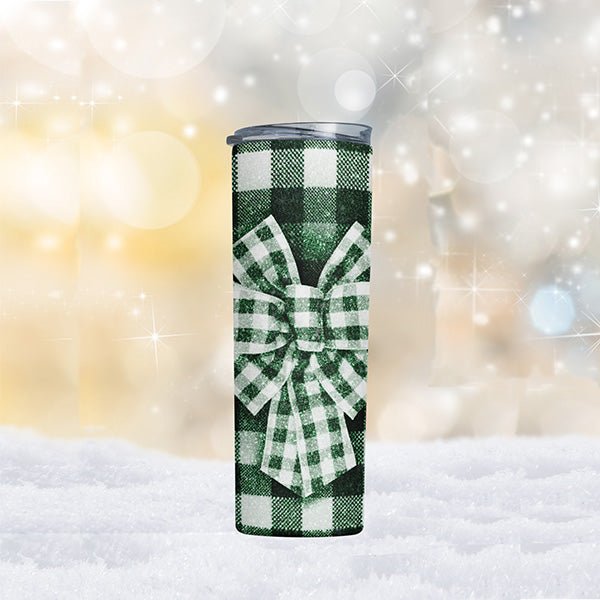 20oz Green Plaid Bow Skinny Tumbler - Gifts Are Blue