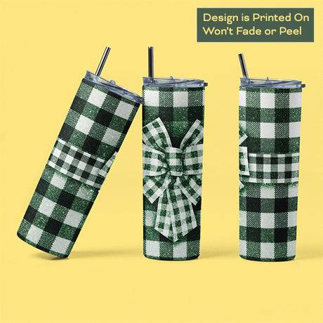 20oz Green Plaid Bow Skinny Tumbler