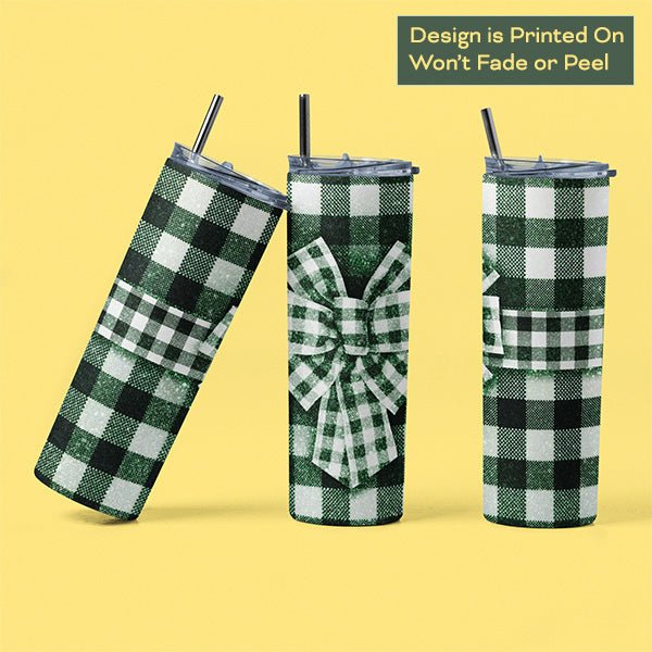 20oz Green Plaid Bow Skinny Tumbler - Gifts Are Blue