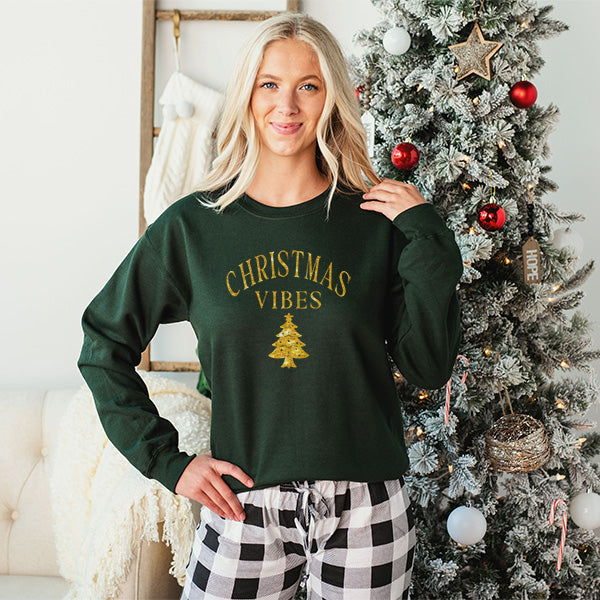 Christmas Vibes Green Sweatshirt with Gold Glitter lettering. all SKUs