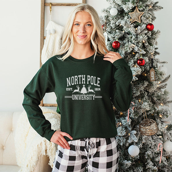 Green sweatshirt with North Pole University for the Christmas and holiday season. Can be worn down or up. all SKUs