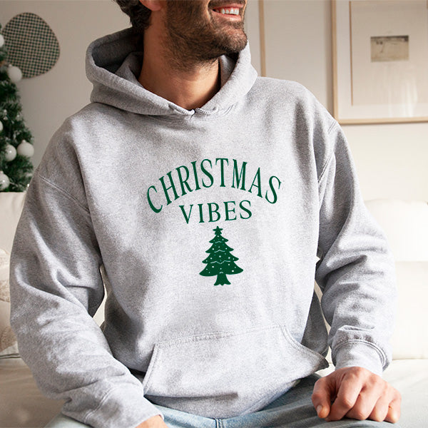 Christmas Vibes Sweatshirt for Men, Women and Children. It offers a simplistic design that even men will feel comfortable weaing during he holiday season. all SKUs