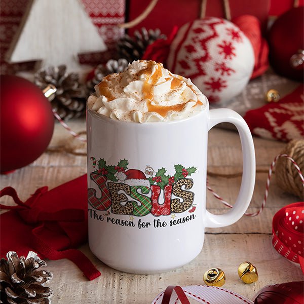 Religious mug with Jesus is the reason for the season. Great Christian gift duringn Christmas.