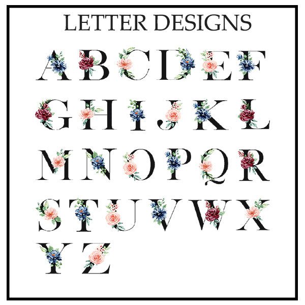 Gallery of the floral letter designs available on your custom mug. Great options as bridesmaid mugs, or gift to friends, colleagues, child's teacher and more. all SKUs