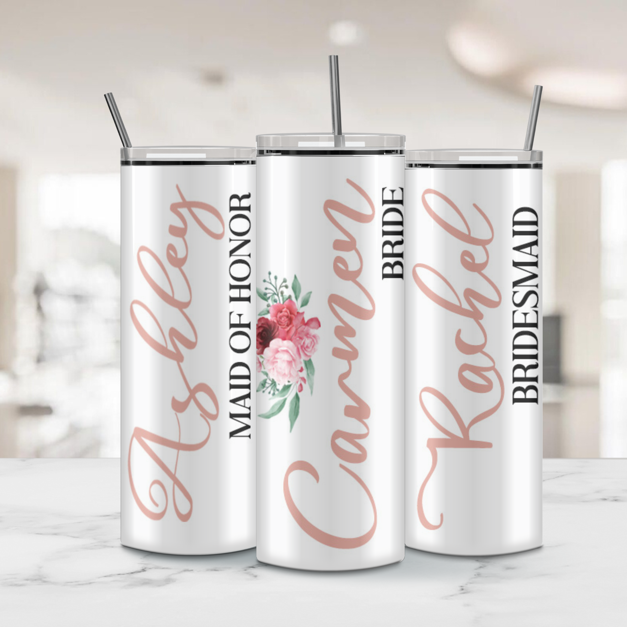 Lily's Atelier Bridesmaid Gifts Set of 5, Personalized  Bridesmaid Tumbler W/Name and Title - 8 Vivid Colors, 5 Designs - 20 Oz  Engraved Skinny Tumbler W/Straw Set: Tumblers & Water Glasses