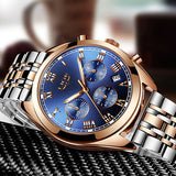 LIGE High End Luxury Mens Watch with Blue Face, Flat, Gold w Silver