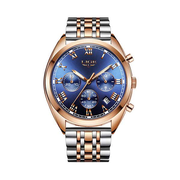 Lige High End Luxury Mens Watch, Blue Face, Gold w Silver