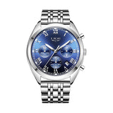 Lige High End Luxury Mens Watch, Leather, Blue Face, Silver