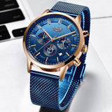 LIGE Mens Luxury Sports Watch, Front, Blue on Blue