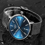 LIGE Womens Casual Ultra Thin Stainless Steel Watch with Blue Face, 30M Waterproof, Black w Silver