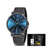 LIGE Womens Casual Ultra Thin Stainless Steel Watch with Blue Face, Packaging, Black w Silver