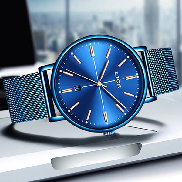 LIGE Womens Luxury Watch, Blue Face, Stainless Steel Mesh Band, 3 Bar - Gifts Are Blue