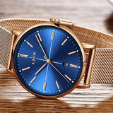 LIGE Womens Luxury Watch, Blue Face, Stainless Steel Mesh Band, Closeup, Gold