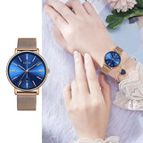 LIGE Womens Luxury Watch, Blue Face, Stainless Steel Mesh Band, Model Hand, Gold
