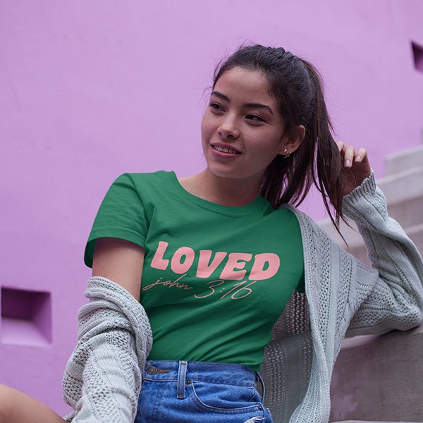 John 3 16 Shirts that is perfect for Valentines Day and any other day of the year. It features the words Loved and the Bible verse John 3:16. Great Christian shirts. all SKUs