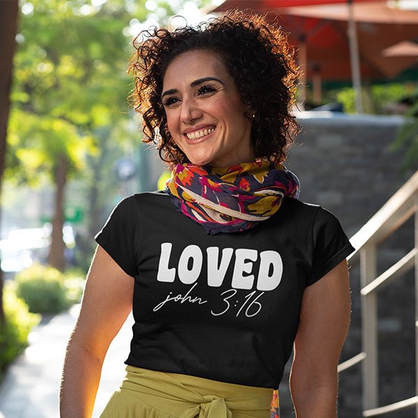 John 3 16 Shirts that is perfect for Valentines Day and any other day of the year. It features the words Loved and the Bible verse John 3:16. Great Christian shirts. all SKUs