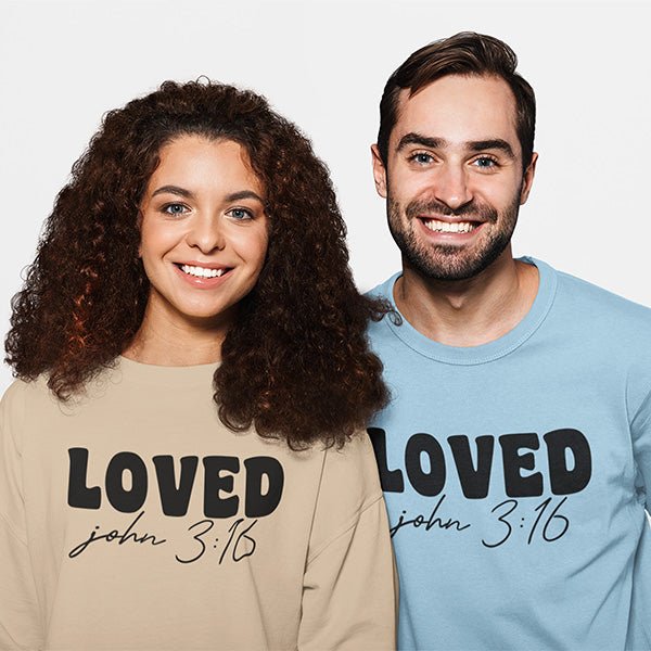 John 3 16 Shirts that is perfect for Valentines Day and any other day of the year. It features the words Loved and the Bible verse John 3:16. Great Christian shirts. all SKUs
