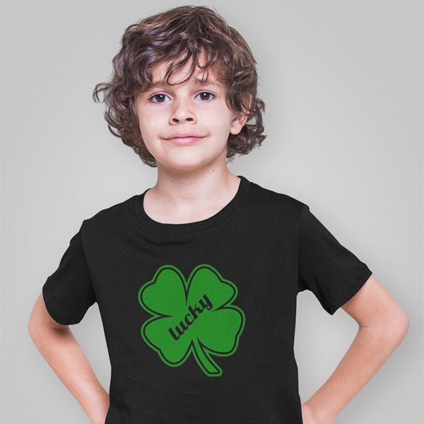 Lucky shirts for youths and adults. Choose from Black, White, Sand, Grey and Irish Green. This design is also available for a White/Green Raglan Style shirt. Customize your Clover and Print color.
