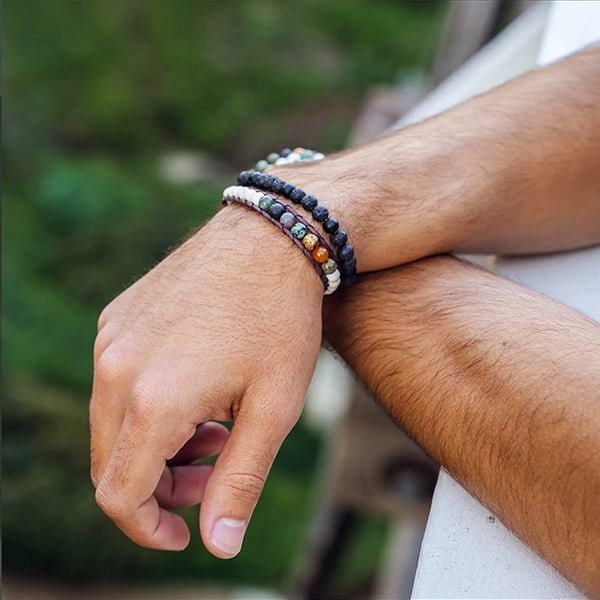 Mens Handmade Natural Stones Bracelet with Adjustable Cord - Mens Bracelet from Lotus and Luna - Lunar Eclipse and Chakra Chief on Model - all SKUs