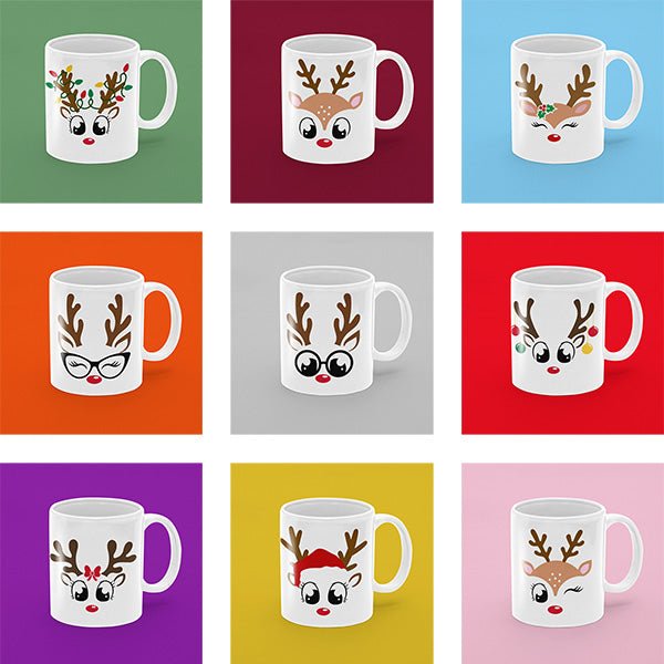 These family reindeer mugs for the Christmas holiday are available in 12 designs. There are reindees with Christmas lights, bows,glasses, mistletoes hair pins, santa claus hats and so much more.